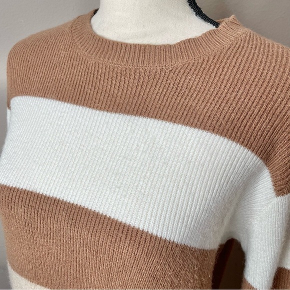 Le Lis Brown White Tan Striped Colorblock Balloon Sleeve Crewneck Sweater Small - Picture 4 of 10